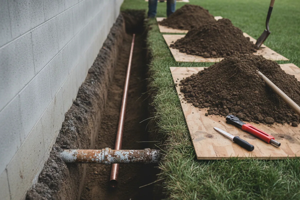 Excavated water line trench during Water Heater Repair in Warren